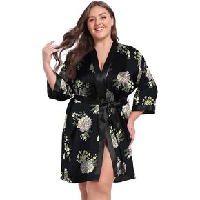 Taylor Eddie Womens Plus Size Silky Satin Kimono Robe Floral Short Bride Bridesmaid Bathrobe Soft Sleepwear in Saudi Arabia