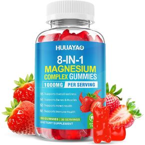 علكات مركب المغنيسيوم للنساء والرجال 8 في 1، جليسينات المغنيسيوم، سيترات، مالات، تورات، للعظام، العضلات، صحة الأعصاب، خالية من السكر، نباتي غير معدل وراثيًا، نكهة الفراولة، 60 قطعة in Kuwait