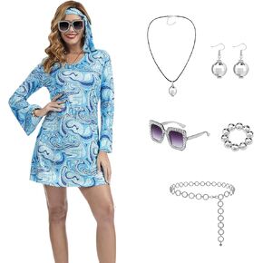 70s Disco Outfits for Women, 7 Pcs 60s Outfits Hippie Costume Women Accessories Jewelry Prom Bling Dress in Saudi Arabia