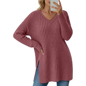 Women's Long Sleeve Sweater, V Neck Oversized Side Split Casual Top Loose Fit Lightweight Knit Pullover Sweaters in Saudi Arabia