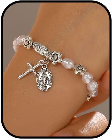 Cross Pearl Bracelet for Women Catholic Flower Rosary Bracelet Silver Bracelets Pendant Statement Trendy Bracelets Jewelry Gifts for Women in Kuwait