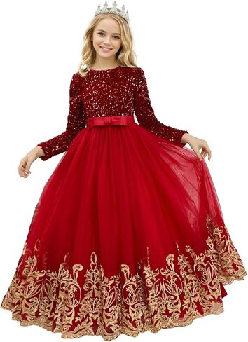 Sparkling Lace Appliques Flower Girl Dress with Long Sleeves and Sequin - Puffy Dresses for Girls Pageant Ball Gowns in Saudi Arabia