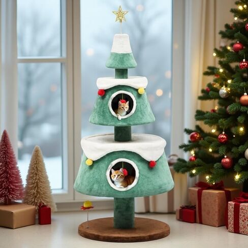 YITAHOME Christmas Cat Tree with 2 Cat Houses, 52 in Cat Tower for Indoor Cats, Cat Furniture with Cat Teaser Plaything for Christmas Decoration in Kuwait