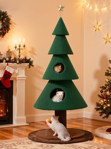 Yitahome Christmas Cat Tree مع منزلين للقطط ، 52 في برج القط للقطط الداخلية ، وأثاث القطط مع قطة دعابة لزينة عيد الميلاد in Kuwait