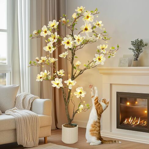 5FT Faux Magnolia Plants Artificial Flower Trees Fake Plants For Yard Patio Home Office Arrangement Decor Indoor Outdoor Artificial Magnolia Tree Inc. 120 Realisc Flowers Vivid Leaves Mosses White Pot in Saudi Arabia