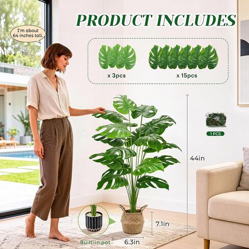 نباتات وهمية بطول 44 بوصة من Der Rose مع سلة نباتات Monstera صناعية كبيرة في الداخل، شجرة صناعية سهلة التجميع للمكتب في الهواء الطلق وغرفة المعيشة وغرفة النوم وديكور المنزل in Saudi Arabia