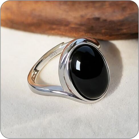 Adjustable Black Onyx Statement Ring, Oval and Marquise Solitaire in 925 Sterling Silver,An Artisan Statement Piece for Her in Saudi Arabia