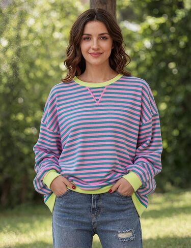 Womens Oversized Striped Sweatshirt Crewneck Long Sleeve Pullover Casual Y2K Fall Clothes Workout Shirt in Saudi Arabia