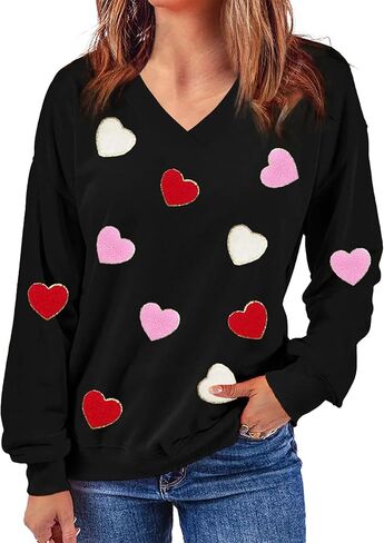 سويت شيرت نسائي برقبة على شكل حرف V لعيد الحب، قمصان لطيفة على شكل قلب الحب، بأكمام طويلة، تيشيرتات لعيد الحب لها in Kuwait