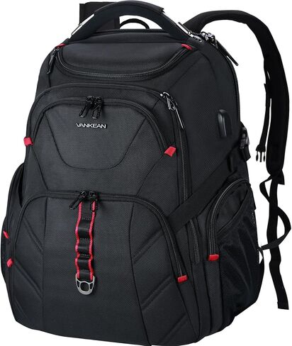 Vankean 17.3 '' Praft Backpack Backpack TSA ودية ومقاومة للماء مكافحة سرقة حقائب الظهر الكلية كبيرة مع جيوب RFID ، ميناء USB للرجال حقيبة عمل تجارية ، أسود in Kuwait