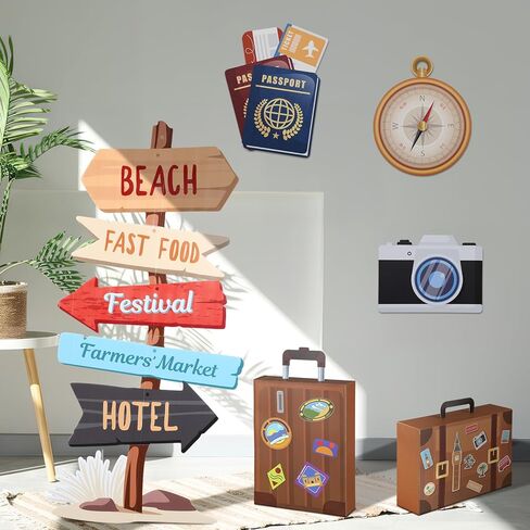 Tenceur 6 Pieces Travel Party Decorations 47.2 Inch Adventure Cutout Stand Travel Around The World Signs Cardboard Suitcase Box Compass Passport Camera Sign for Photo Booth Props Party Supplies in Saudi Arabia