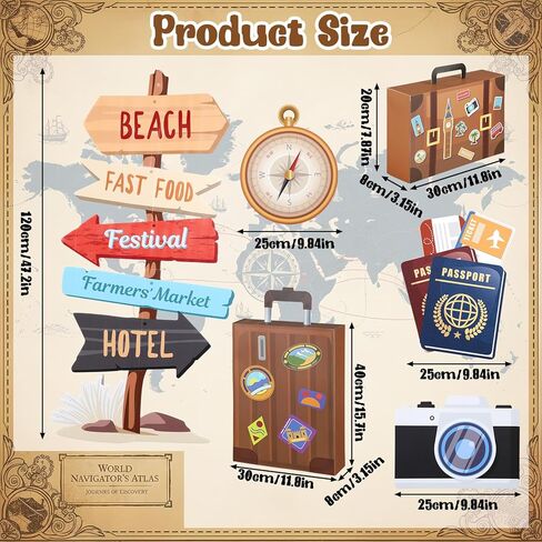 Tenceur 6 Pieces Travel Party Decorations 47.2 Inch Adventure Cutout Stand Travel Around The World Signs Cardboard Suitcase Box Compass Passport Camera Sign for Photo Booth Props Party Supplies in Saudi Arabia