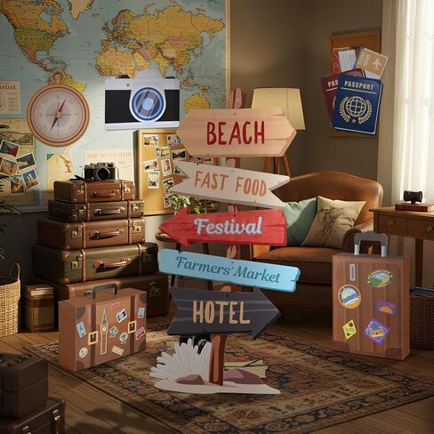 Tenceur 6 Pieces Travel Party Decorations 47.2 Inch Adventure Cutout Stand Travel Around The World Signs Cardboard Suitcase Box Compass Passport Camera Sign for Photo Booth Props Party Supplies in Saudi Arabia