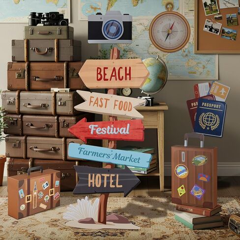 Tenceur 6 Pieces Travel Party Decorations 47.2 Inch Adventure Cutout Stand Travel Around The World Signs Cardboard Suitcase Box Compass Passport Camera Sign for Photo Booth Props Party Supplies in Saudi Arabia