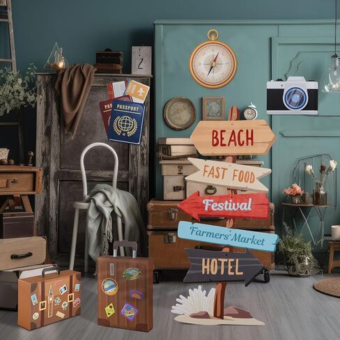 Tenceur 6 Pieces Travel Party Decorations 47.2 Inch Adventure Cutout Stand Travel Around The World Signs Cardboard Suitcase Box Compass Passport Camera Sign for Photo Booth Props Party Supplies in Saudi Arabia