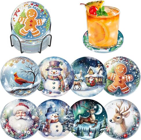 Bowetile 8PCS Diamond Art Painting Coasters Kit with Holder, Stained Glass Animals Diamond Art Kits for Adults Beginners, Gem Art Kits for Adults, Arts and Crafts Kits for Adults for Home Decor in Saudi Arabia