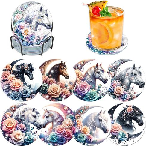Bowetile 8PCS Diamond Art Painting Coasters Kit with Holder, Stained Glass Animals Diamond Art Kits for Adults Beginners, Gem Art Kits for Adults, Arts and Crafts Kits for Adults for Home Decor in Saudi Arabia