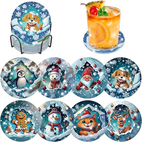 Bowetile 8PCS Diamond Art Painting Coasters Kit with Holder, Stained Glass Animals Diamond Art Kits for Adults Beginners, Gem Art Kits for Adults, Arts and Crafts Kits for Adults for Home Decor in Saudi Arabia