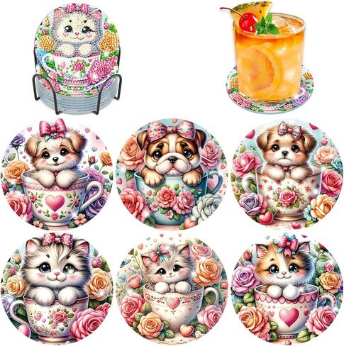 Bowetile 8PCS Diamond Art Painting Coasters Kit with Holder, Stained Glass Animals Diamond Art Kits for Adults Beginners, Gem Art Kits for Adults, Arts and Crafts Kits for Adults for Home Decor in Saudi Arabia