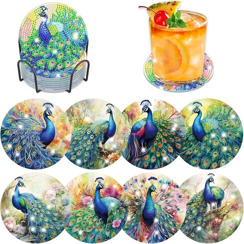 Bowetile 8PCS Diamond Art Painting Coasters Kit with Holder, Stained Glass Animals Diamond Art Kits for Adults Beginners, Gem Art Kits for Adults, Arts and Crafts Kits for Adults for Home Decor in Saudi Arabia