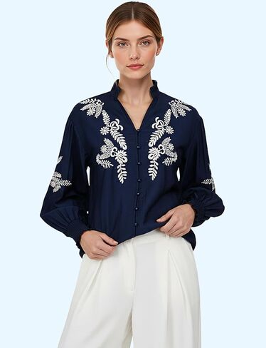 YOGINGO Women's Floral Embroidered Tops Boho Long Sleeve Shirts Summer V Neck Peasant Blouses Fashion Casual Clothes 2025 in Saudi Arabia