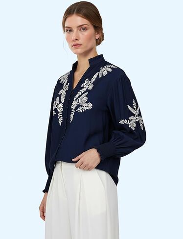 YOGINGO Women's Floral Embroidered Tops Boho Long Sleeve Shirts Summer V Neck Peasant Blouses Fashion Casual Clothes 2025 in Saudi Arabia