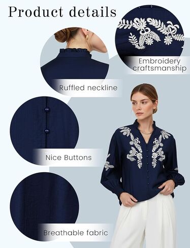 YOGINGO Women's Floral Embroidered Tops Boho Long Sleeve Shirts Summer V Neck Peasant Blouses Fashion Casual Clothes 2025 in Saudi Arabia