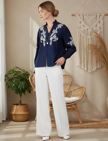 YOGINGO Women's Floral Embroidered Tops Boho Long Sleeve Shirts Summer V Neck Peasant Blouses Fashion Casual Clothes 2025 in Saudi Arabia