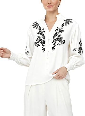 YOGINGO Women's Floral Embroidered Tops Boho Long Sleeve Shirts Summer V Neck Peasant Blouses Fashion Casual Clothes 2025 in Saudi Arabia