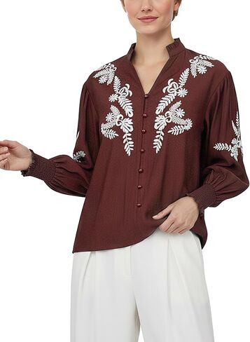 YOGINGO Women's Floral Embroidered Tops Boho Long Sleeve Shirts Summer V Neck Peasant Blouses Fashion Casual Clothes 2025 in Saudi Arabia