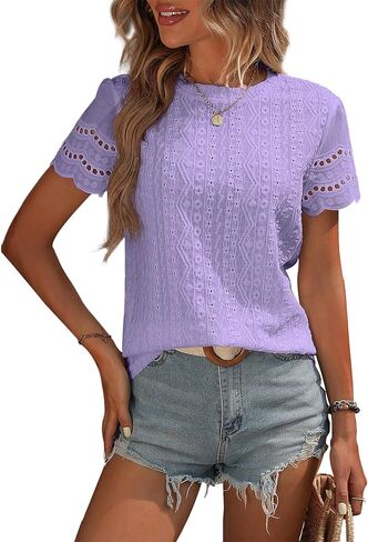 Womens Summer Tops Crewneck Short Sleeve Shirts Casual Textured Eyelet Top Dressy Blouses in Saudi Arabia