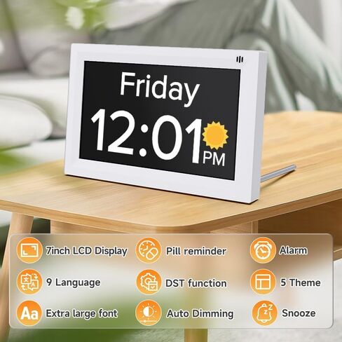 Digital Calendar Alarm Clock - Dementia Clocks for Seniors, Non-Abbreviated Memory Loss Clock with Date and Time for Elderly in Saudi Arabia