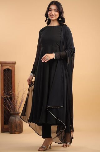 مجموعة كورتا نسائية من Janasya Indian من جورجيت بلون أسود للاحتفالات in Saudi Arabia