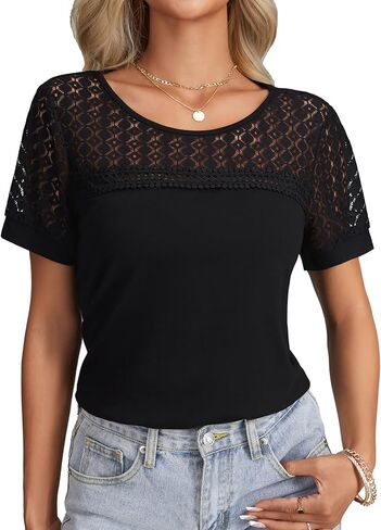Rooscier Women's Lace Hollow Out Cut Out Round Neck Short Sleeve Dressy Casual Tunic Shirt Tops in Saudi Arabia