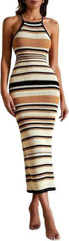 GORGLITTER Women's Crochet Halter Bodycon Maxi Dress Backless Striped Casual Summer Beach Hawaiian Sundresses Classy in Saudi Arabia