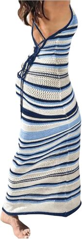 GORGLITTER Women's Crochet Halter Bodycon Maxi Dress Backless Striped Casual Summer Beach Hawaiian Sundresses Classy in Kuwait
