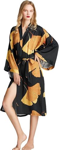 رداء كيمونو نسائي رداء حمام منقوش عليه زهور الجنكة رداء زفاف طويل حريري ليوم الزفاف من الساتان ملابس نوم رداء العازبة in Saudi Arabia
