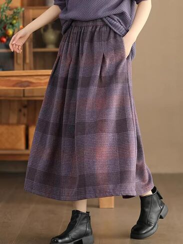 Womens Vintage Plaid Wool Skirt Warm High Elastic Waist A Line Pleated Tartan Midi Long Skirts in Saudi Arabia
