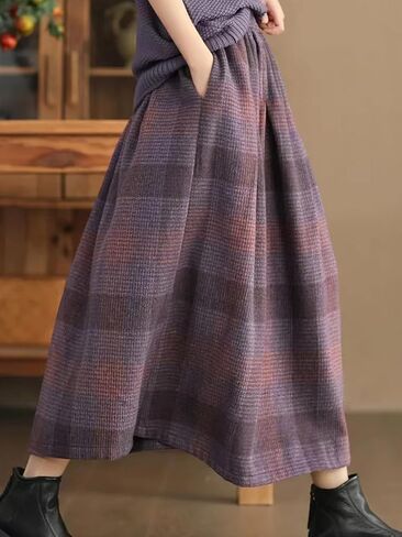 Womens Vintage Plaid Wool Skirt Warm High Elastic Waist A Line Pleated Tartan Midi Long Skirts in Saudi Arabia