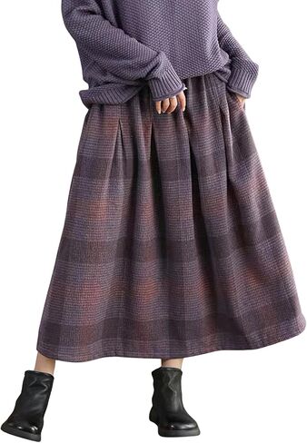 Womens Vintage Plaid Wool Skirt Warm High Elastic Waist A Line Pleated Tartan Midi Long Skirts in Saudi Arabia