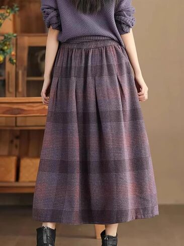 Womens Vintage Plaid Wool Skirt Warm High Elastic Waist A Line Pleated Tartan Midi Long Skirts in Saudi Arabia