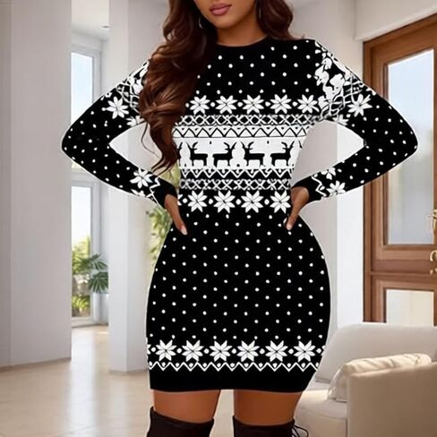 المرأة عيد الميلاد زي Bodycon فستان البلوز كم طويل مطبوعة عطلة الزي القبيح in Saudi Arabia