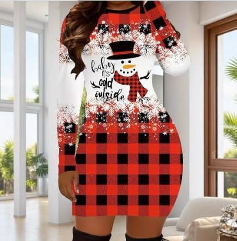 المرأة عيد الميلاد زي Bodycon فستان البلوز كم طويل مطبوعة عطلة الزي القبيح in Saudi Arabia