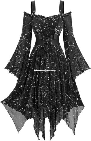 DRESSFO Gothic Victorian Punk Galaxy Silver Printed Long Flare Sleeves Cold Shoulder Dress in Saudi Arabia