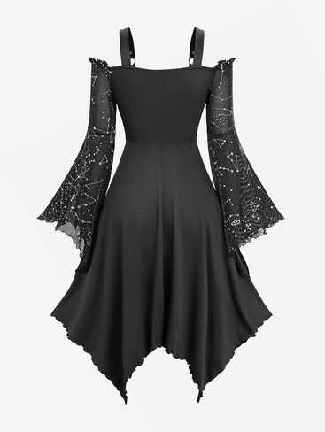 DRESSFO Gothic Victorian Punk Galaxy Silver Printed Long Flare Sleeves Cold Shoulder Dress in Saudi Arabia
