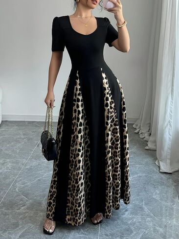 Women's Leopard Print Short Sleeve Colorblock Long Dresses in Saudi Arabia