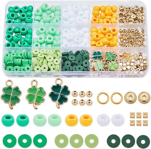 SUNNYCLUE 1 Box 1420Pcs St Patrick Day Craft Beads Kit Flat Round Green Polymer Clay Heishi Disc Beads Opaque Glass Shamrock Charm Enamel Four Leaf Clover Charms for Jewelry Making Kits in Saudi Arabia