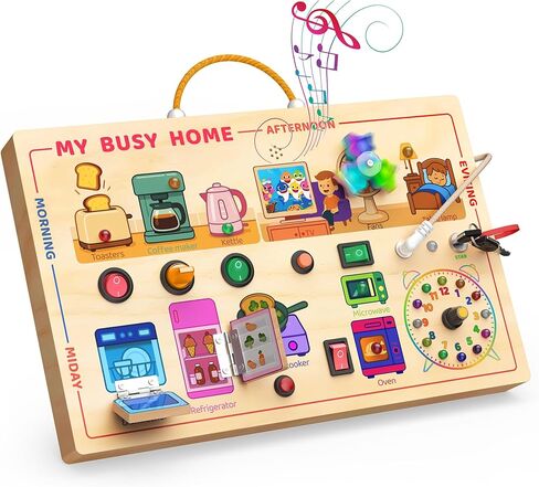 Toddlers Montessori Wooden Busy Board with LED Light, Switch Board Car Ride Airplane Travel Toys, Christmas, Birthday Gift for 1-3 Year Old Boys and Girls in Saudi Arabia