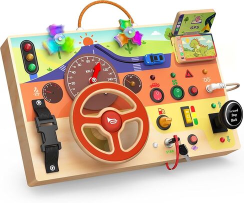 Toddlers Montessori Wooden Busy Board with LED Light, Switch Board Car Ride Airplane Travel Toys, Christmas, Birthday Gift for 1-3 Year Old Boys and Girls in Saudi Arabia