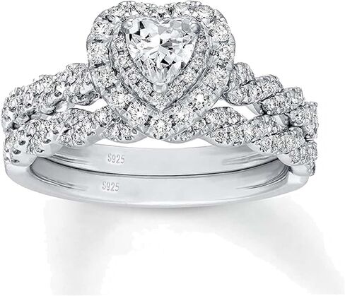 مجموعات خاتم الزفاف الفاخرة للنساء القلب 1CT AAAAA تشيكوسلوفاكيا الذهب الأبيض مطلي S925 فضة خاتم الخطوبة الزفاف الفرقة in Kuwait